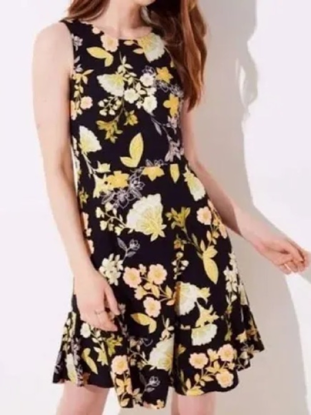 LOFT Black Sleeveless Mini Dress with Yellow & Cream Floral Print